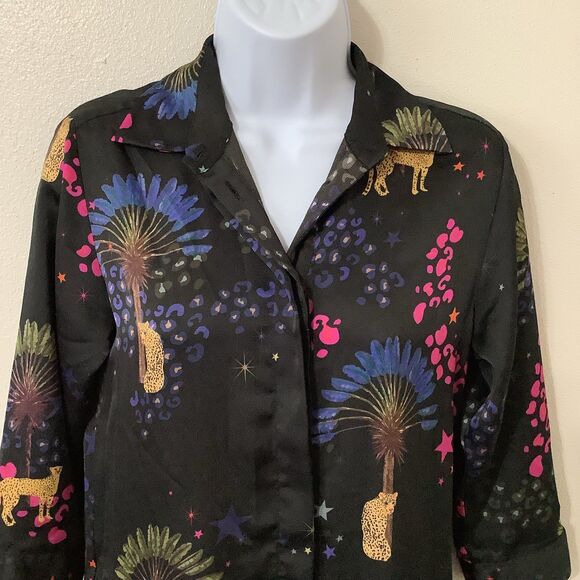 Vilagallo Artsy Wearable Art Black Graphic Leopard Midi Shirt Dress Size 4 - Picture 2 of 12